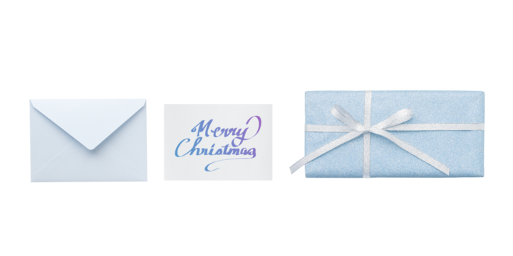 Cutout of a closed pale blue  envelope with a pale blue Christmas card and a pale blue glitter gift, shown in overhead view	