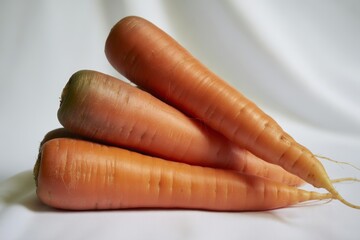 Three fresh carrots stacked on a white background isolated on white background