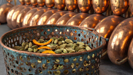 Warm reflections illuminate a perforated copper basket filled with juniper, cardamom, and citrus zest inside a distillation chamber lined with rows of polished copper pipes