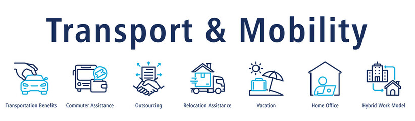 Transport & Mobility Web Banner Duotone Outline icon vector illustration concept with icon of transportation benefits, commuter assistance, outsourcing, relocation assistance, vacation and home office