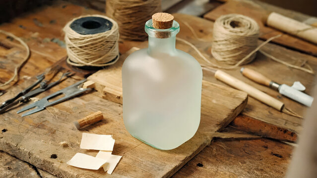 A cork-topped glass bottle sits on a wooden surface in a cozy finishing room, where a label is being applied among craft tools and twine - Powered by Adobe