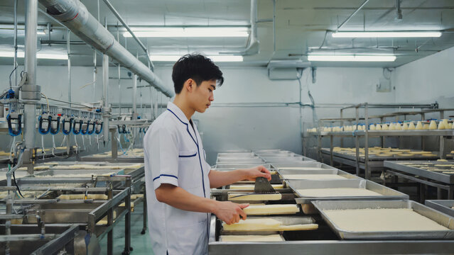 In a sterile dairy facility, a young Asian male cheesemaker skillfully uses a wire curd cutter to slice thickened cheese into uniform cubes. Bright LED lights illuminate the work area - Powered by Adobe