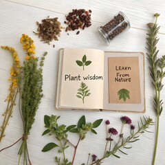 An open book surrounded by dried herbs on a white wooden surface