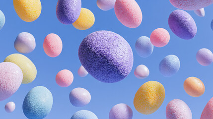 A collection of colorful Easter eggs floating against a serene blue sky. A creative and festive image representing the celebration of Easter and springtime.
