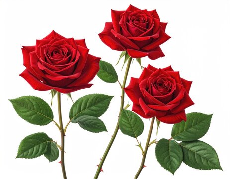 Three red roses isolated. Lush petals, green leaves