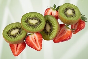 Fresh kiwi and strawberry slices isolated on white background