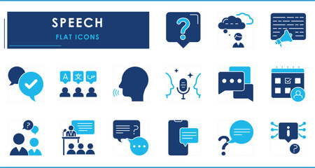 A set of flat icons related to Speech. Talk, podcast, meeting, question and answer, scheduled, seminar, languages, speech bubble, and so on.