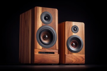 Wooden speakers audio equipment against a dark backdrop