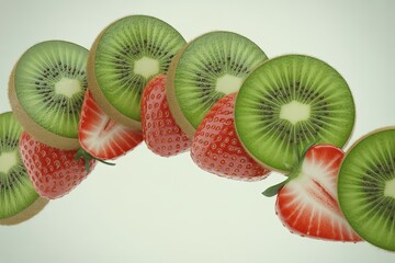 Fresh sliced kiwi and strawberries arranged in a curve isolated on white background
