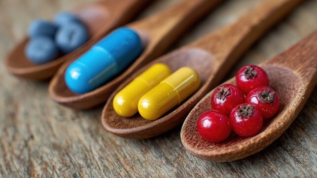 Cucharas de madera con bayas naturales frescas y c&aacute;psulas de vitaminas, concepto de elecci&oacute;n entre nutrici&oacute;n natural y suplementos sint&eacute;ticos