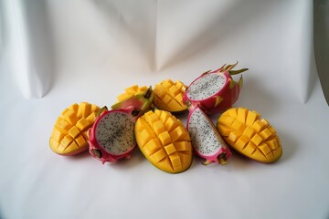 Fresh mango and dragon fruit slices isolated on white background