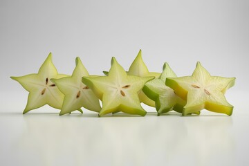 Group of sliced starfruit arranged in a row isolated on white background