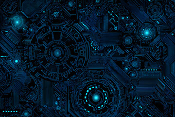 abstract blue circuit board pattern with glowing lights and mechanical elements creating a sleek futuristic technology atmosphere