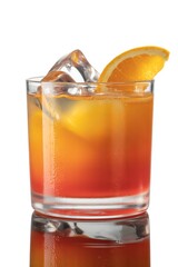 Two colorful cocktails with orange slices and ice isolated on white background