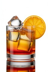 Refreshing orange cocktail with ice and orange slice isolated on white background