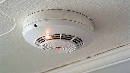 Smoke detector mounted on a textured ceiling with an active indicator light showing it is functioning and ready to alert in case of fire
