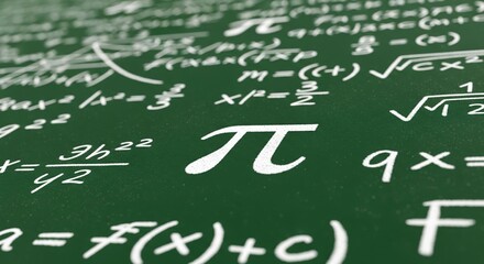 Mathematical Pi Symbol Drawn in White Chalk on a Green School Blackboard Surrounded by Complex Scientific Formulas