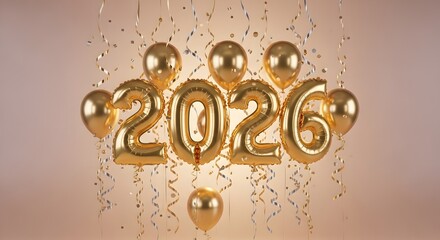 A festive display of golden balloons shaped like the numbers '2026' surrounded by falling confetti against a soft, gradient background, symbolizing the excitement of the upcoming New Year.