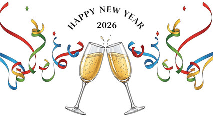 Happy New Year 2026 Celebration with Champagne and Colorful Ribbons