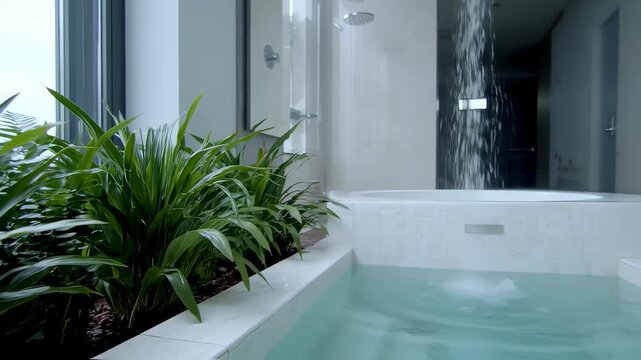 Modern bathroom with lush indoor plants and a waterfall shower