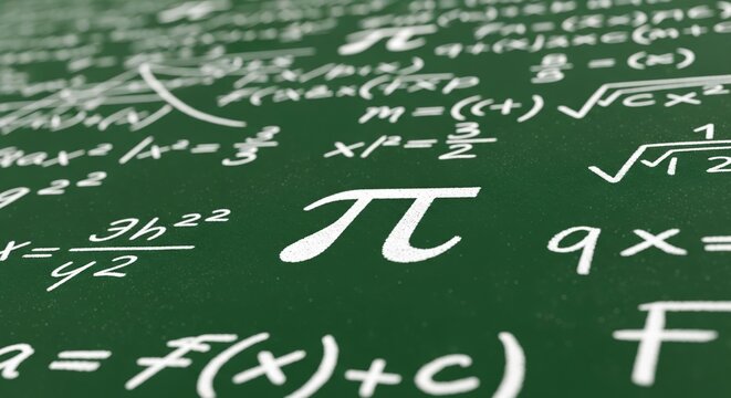 Mathematical Pi Symbol Drawn in White Chalk on a Green School Blackboard Surrounded by Complex Scientific Formulas - Powered by Adobe