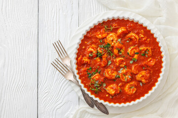 Shrimp in hot tomato sauce with garlic, onion