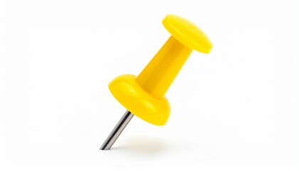 Yellow push pin angled on white background symbolizing organization, simplicity, and everyday utility