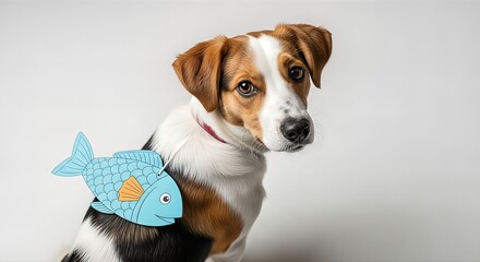 Playful dog with a cartoon fish illustration on its back, showcasing a humorous prank for April Fool's Day, capturing the spirit of fun and lightheartedness in a whimsical setting