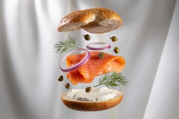 Floating bagel with smoked salmon cream cheese and capers isolated on white background