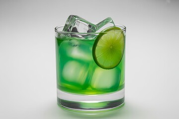 Refreshing green cocktail with ice and lime isolated on white background
