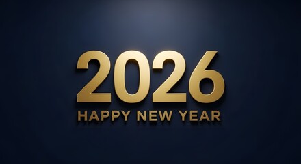 The year 2026 illuminated in radiant gold against a deep navy blue background, symbolizing a new beginning and future prospects with a festive 'Happy New Year' greeting.