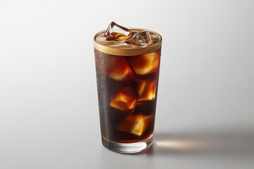 Tall glass of iced coffee with foam and ice cubes isolated on white background