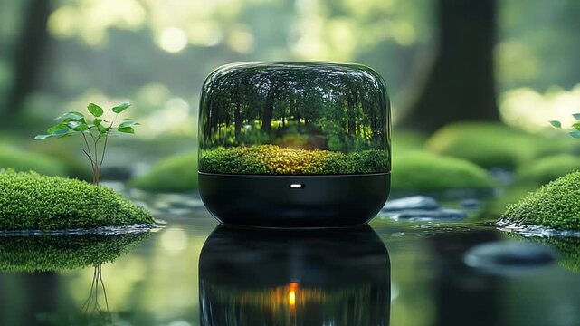 Modern diffuser in serene forest setting with reflection