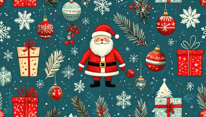 Festive Christmas pattern with Santa Claus snowflakes ornaments and gifts.