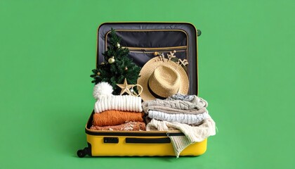 Yellow suitcase packed with clothes and Christmas tree for holiday travel.