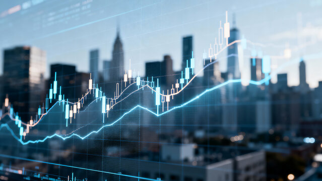 Economic progress and digital market data charting success across a bustling metropolitan landscape