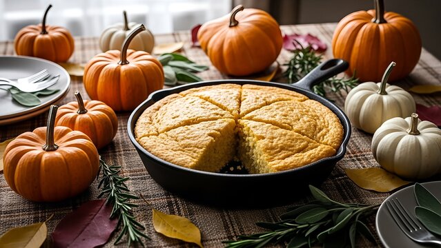 A rustic autumn table setting featuring a cornbread in a skillet surrounded by pumpkins and fall foliage.