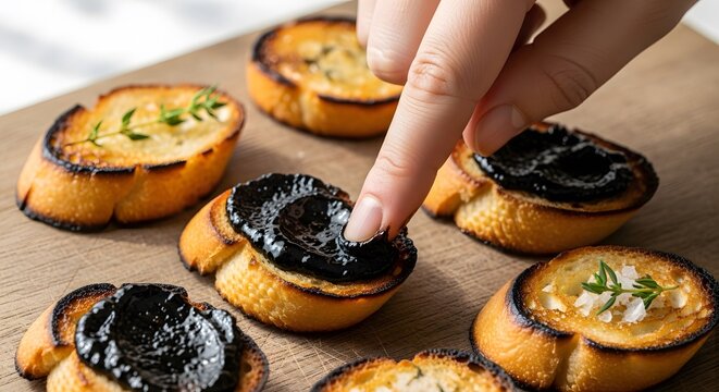 finger spreading black garlic paste on small toasted baguette slices on a light wooden board for cooking and tapas blogs, savory appetizer recipe sites, and restaurant menu design, with copy space.