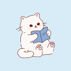 Cute Cat Reading a Book. Hand drawn Cartoon kawaii style. Pastel soft colors vector illustration.