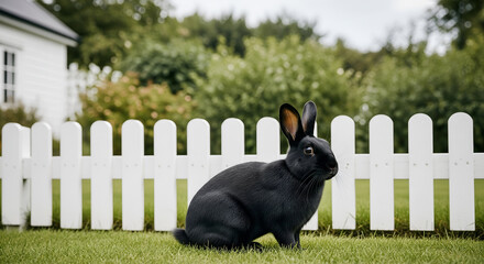 Black Rabbit on Green Grass by White Picket Fence