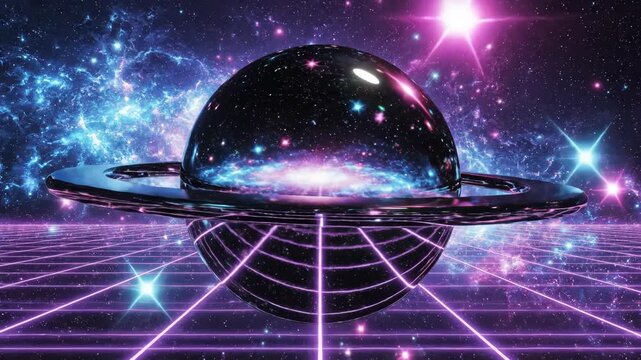 Chrome Sphere Reflecting Neon Galaxy Synthwave Colors 4K