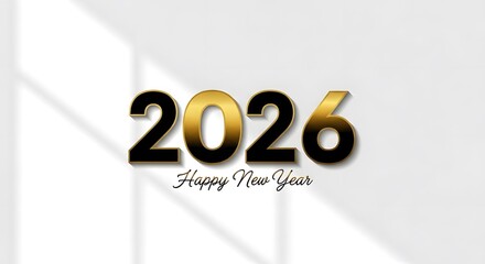 The year 2026 displayed in bold golden numerals with a satin finish, accompanied by a 'Happy New Year' message, set against a clean, textured white backdrop featuring subtle light shadows.