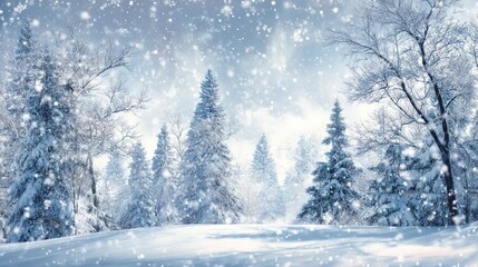 Fototapeta premium A winter snow scene, a pine forest covered in snow, snowflakes falling gently, a winter wonderland shrouded in mist, a peaceful snowy landscape, with soft snowfall creating a magical winter backdrop.