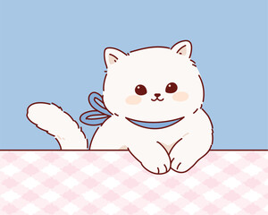 Cute Cat Peeking Out Bottom Edge. Hand drawn Cartoon kawaii style. Pastel soft colors vector illustration.