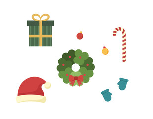 Christmas holiday elements vector collection. Festive icons set including wreath and candy cane. Flat design seasonal decoration kit.