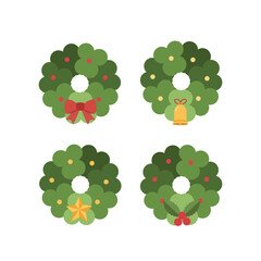 Collection of Christmas wreaths vector icons. Festive Advent decoration elements set. Flat design holiday foliage with bells and stars.