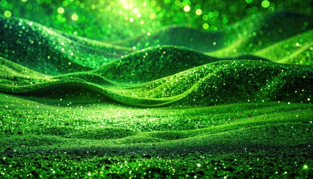 Abstract green undulating landscape with sparkling light particles.