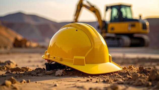 Yellow construction hard hat on sandy ground with excavator and mountains symbolizing safety, labor, and industrial progress