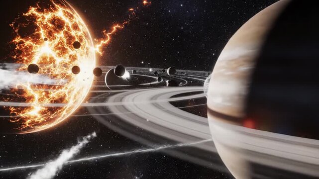 Dramatic view of a solar system with a massive, fiery, exploding planet and several ringed gas giants orbiting in deep space