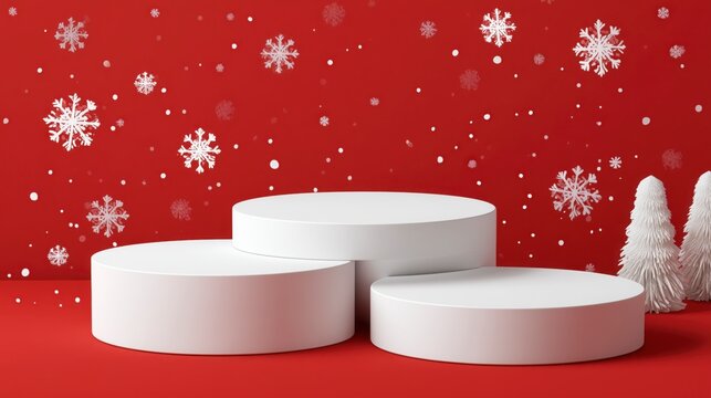 Tres podios de color blanco sobre fondo rojo